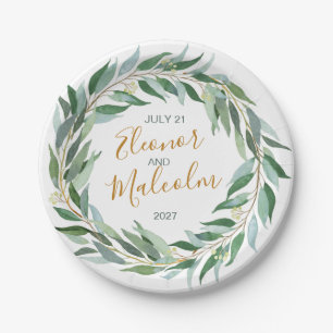 Watercolor greenery wreath, eucalyptus Wedding Paper Plate
