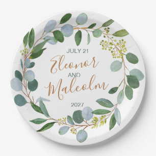 Watercolor greenery wreath, eucalyptus Wedding Paper Plate