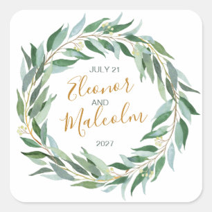 Watercolor greenery wreath, eucalyptus Wedding Square Sticker