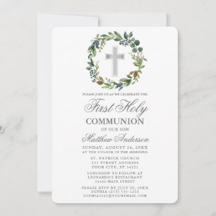 Watercolor Greenery Wreath First Communion Invitation