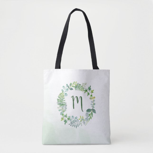 Watercolor Greenery Wreath Monogram Tote Bag (Front)