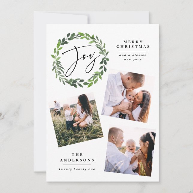 Watercolor greenery wreath multi photo script joy holiday card (Front)