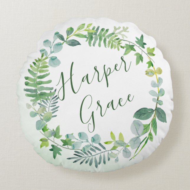 Watercolor Greenery Wreath Personalised Round Cushion (Front)
