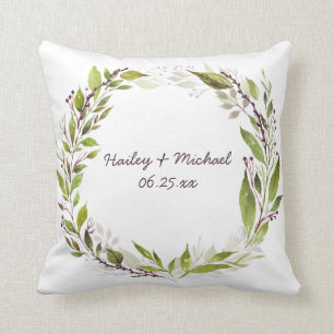 Watercolor Greenery Wreath Purple Berries Vines Cushion