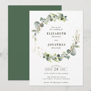 Watercolor greenery wreath wedding invitation