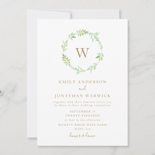 Watercolor Greenery Wreath Wedding Invitation (Front)