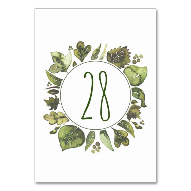Watercolor Greenery Wreath Wedding Table Numbers (Front)