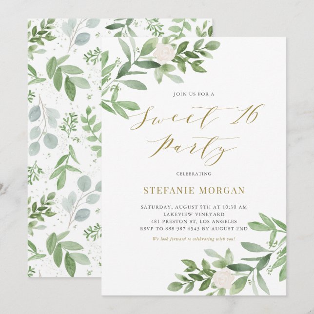 Watercolor Greeney and White Flower Sweet Sixteen Invitation (Front/Back)