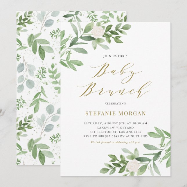 Watercolor Greeney and White Flowers Baby Brunch Invitation (Front/Back)