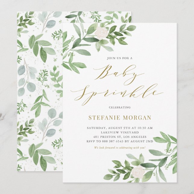 Watercolor Greeney and White Flowers Baby Sprinkle Invitation (Front/Back)