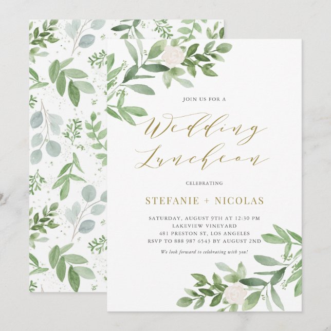 Watercolor Greeney White Floral Weddng Luncheon Invitation (Front/Back)