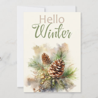 Watercolor greeting card with pine branches, cones