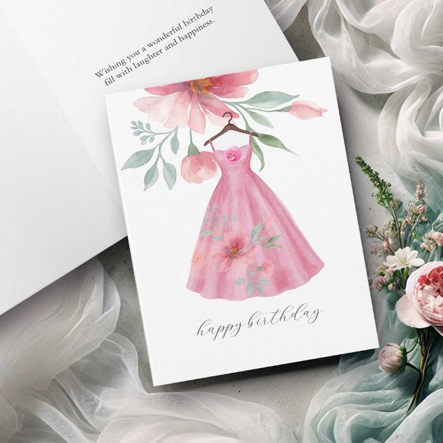 Watercolor Greeting Cards Happy Birthday (Greeting cards happy birthday pink floral dress watercolor art Victoria Grigaliunas DoTellABelle)