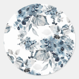 Watercolor Grey and Blue Floral Pattern  Classic Round Sticker