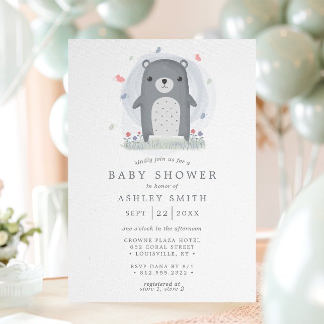 Watercolor Grey Bear Cute Simple Boys Baby Shower Invitation (Creator Uploaded)