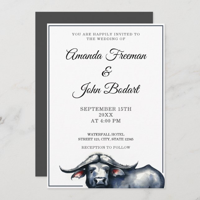 Watercolor Grey & Black Buffalo Western Wedding Invitation (Front/Back)