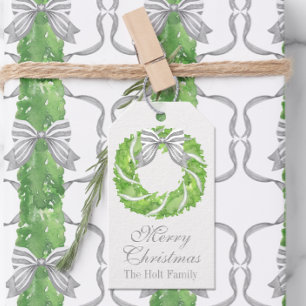 Watercolor Grey Bow Wreath and Green Topiary Gift Tags