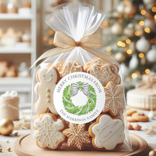 Watercolor Grey Bow Wreath Christmas Classic Round Sticker