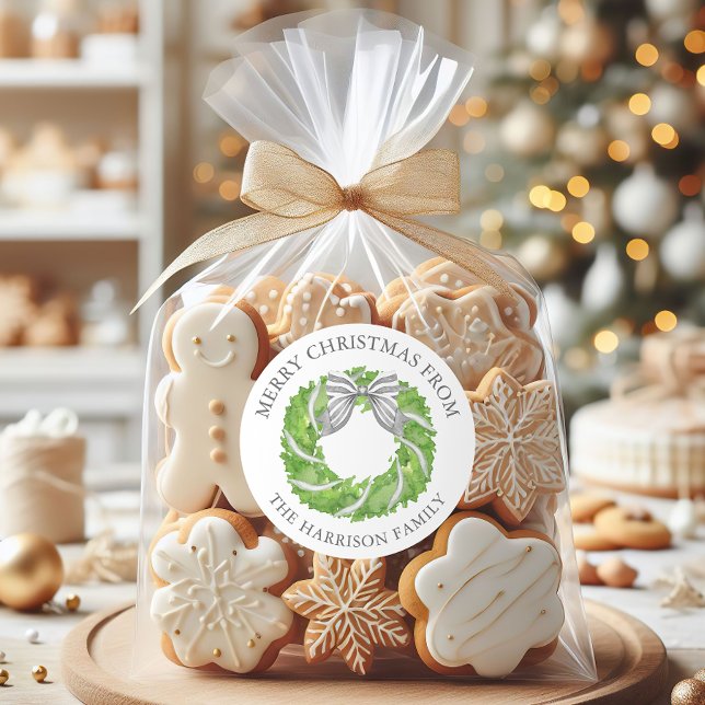 Watercolor Grey Bow Wreath Christmas Classic Round Sticker (Creator Uploaded)