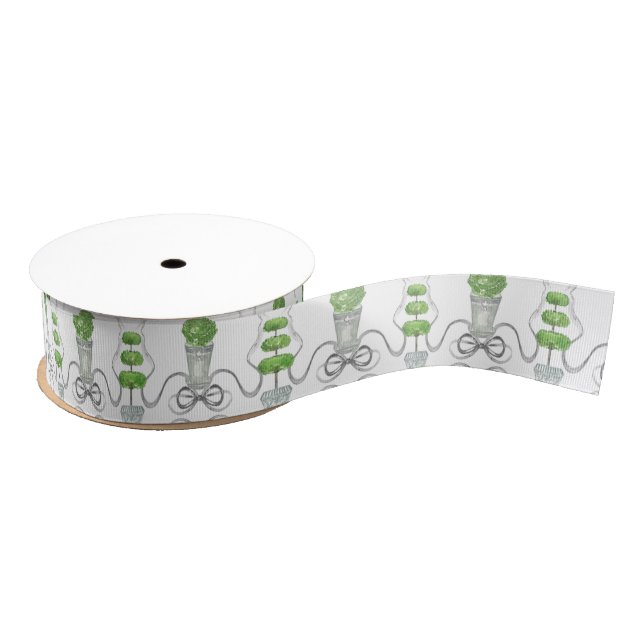 Watercolor Grey Bows and Green Topiary Grosgrain Ribbon (Spool)