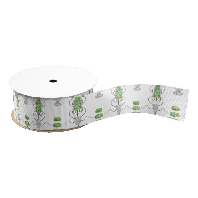 Watercolor Grey Bows and Green Topiary Grosgrain Ribbon (Spool)