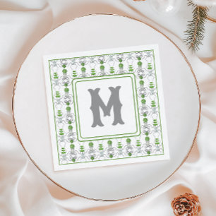 Watercolor Grey Bows and Green Topiary Monogram Napkin