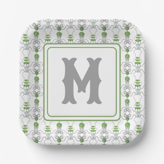 Watercolor Grey Bows and Green Topiary Monogram Paper Plate (Front)