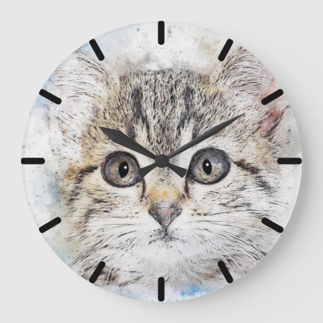 Watercolor Grey Kitten on Blue Large Clock (Front)