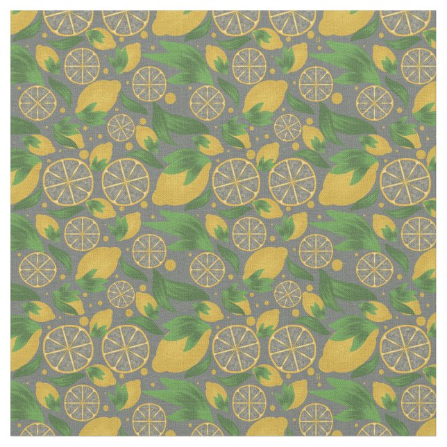 Watercolor Grey Lemon Fruit Pattern  Fabric (Close Up)