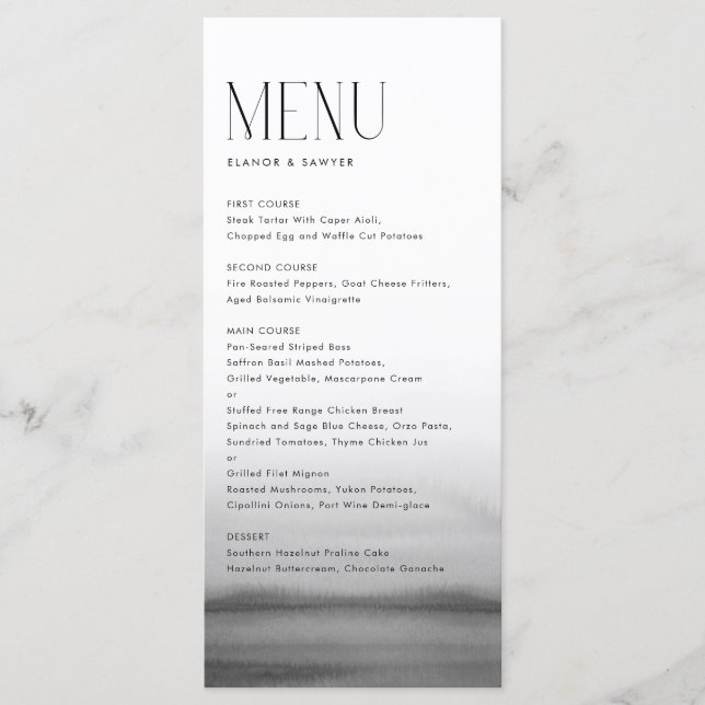 Watercolor Grey Ombre Modern Wedding Menu (Front)