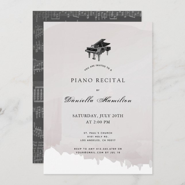 Watercolor Grey Piano Recital  Invitation (Front/Back)