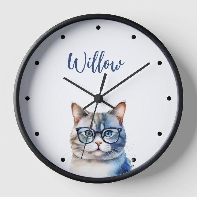 Watercolor Grey Tabby Cat Personalised Clock (Front)