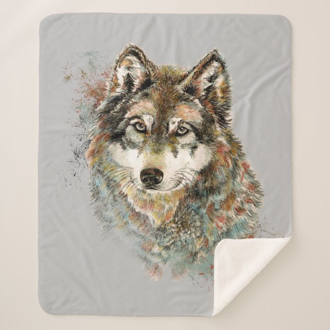 Watercolor Grey Wolf Animal Wildlife Nature  Art  Sherpa Blanket (Front)