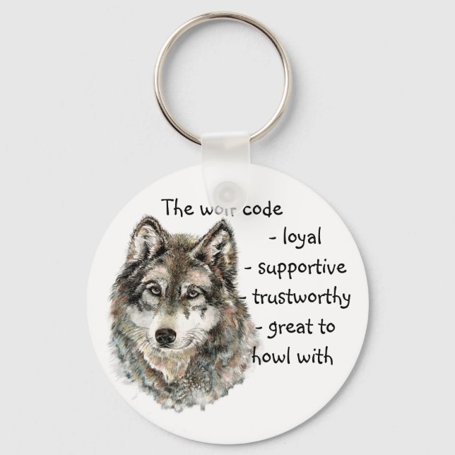 Watercolor Grey Wolf Code Quote, Wolves Animal Key Ring (Front)