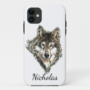 Watercolor Grey Wolf Custom Name Case-Mate iPhone Case