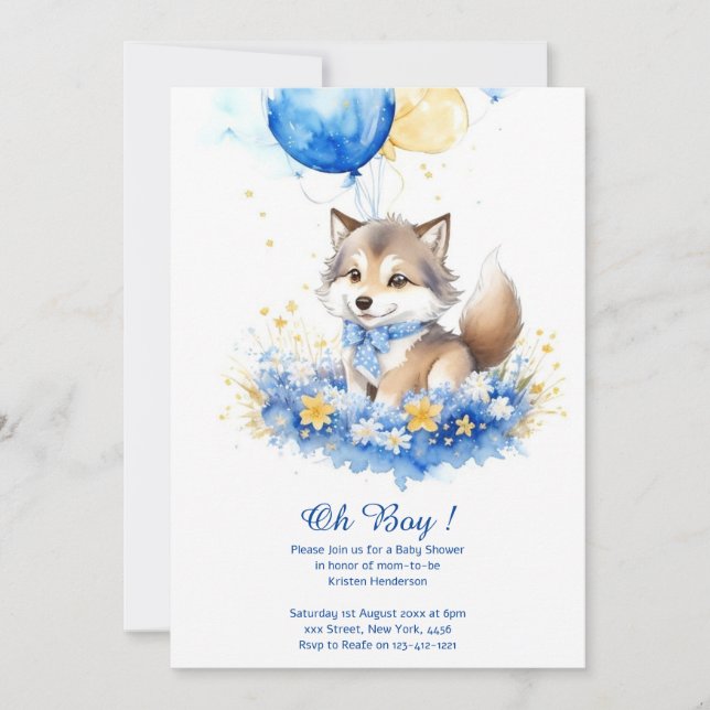 Watercolor Grey Wolf Pup Baby Shower Invitation (Front)
