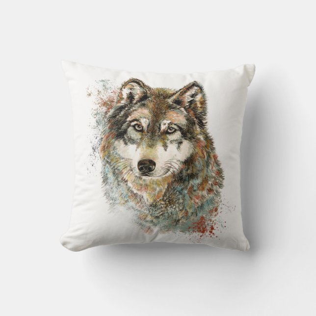 Watercolor Grey Wolf Wildlife Animal Nature Art Cushion (Front)