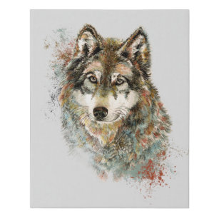 Watercolor Grey Wolf Wildlife Animal Nature Art Faux Canvas Print