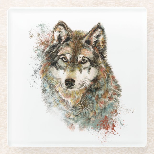 Watercolor Grey Wolf Wildlife Animal Nature Art Glass Coaster (Front)