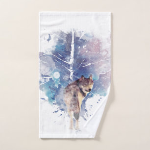 Watercolor Grey Wolf Wildlife Animal Nature Art Hand Towel