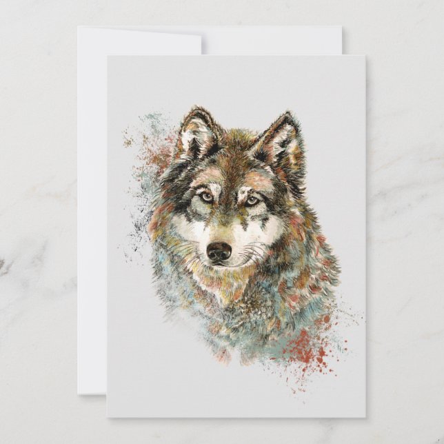 Watercolor Grey Wolf Wildlife Animal Nature Art Holiday Card (Front)
