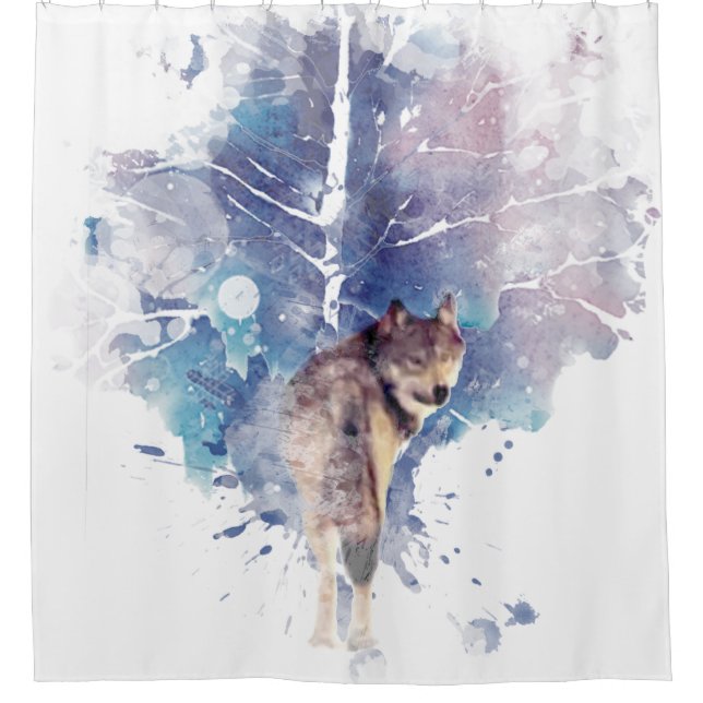 Watercolor Grey Wolf Wildlife Animal Nature Art Shower Curtain (Front)