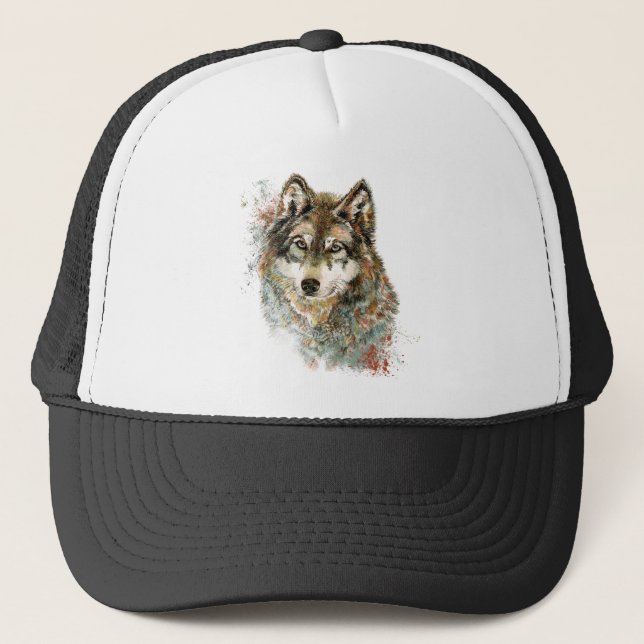 Watercolor Grey Wolf Wildlife Animal Nature Art Trucker Hat (Front)