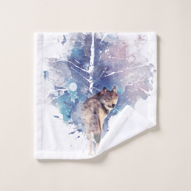 Watercolor Grey Wolf Wildlife Animal Nature Art Wash Cloth (Wash Cloth)