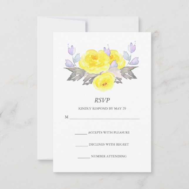 Watercolor Grey Yellow Purple Roses Vertical RSVP (Front)