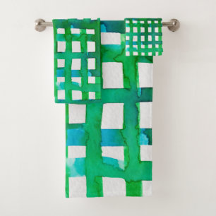Watercolor grid – green bath towel set