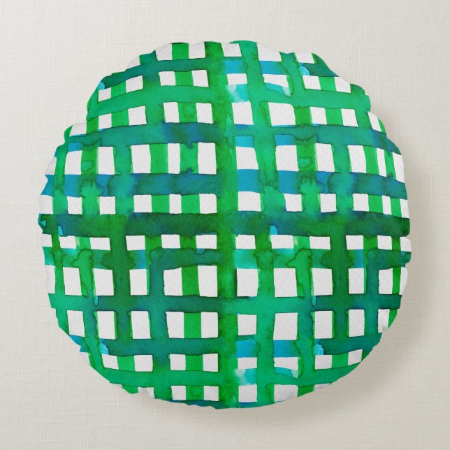 Watercolor grid – green round cushion (Front)
