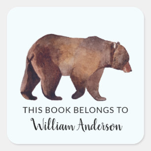 Watercolor Grizzly Bear Personalised  Boys Square Sticker