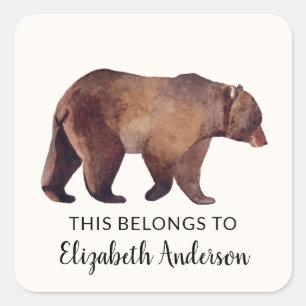 Watercolor Grizzly Bear Personalised Square Sticker