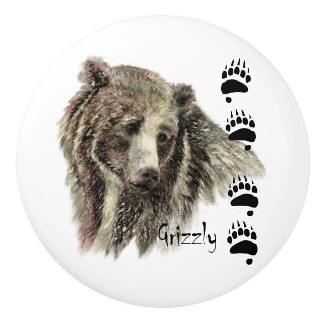 Watercolor Grizzly Bear Wildlife Nature Art Ceramic Knob (Front)